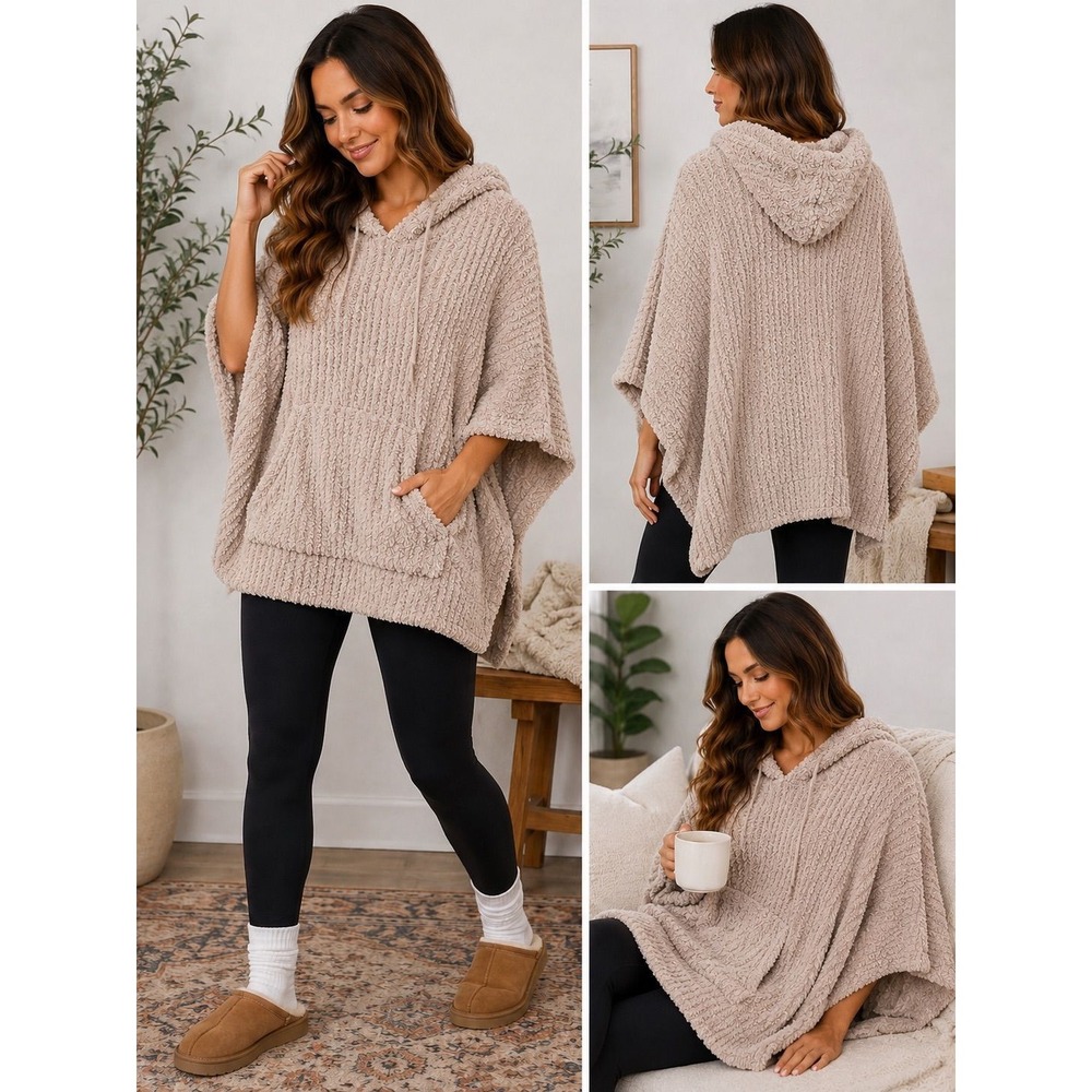 Barefoot Dreams CozyChic Hooded Pullover One Size Taupe Beige Ultra Soft